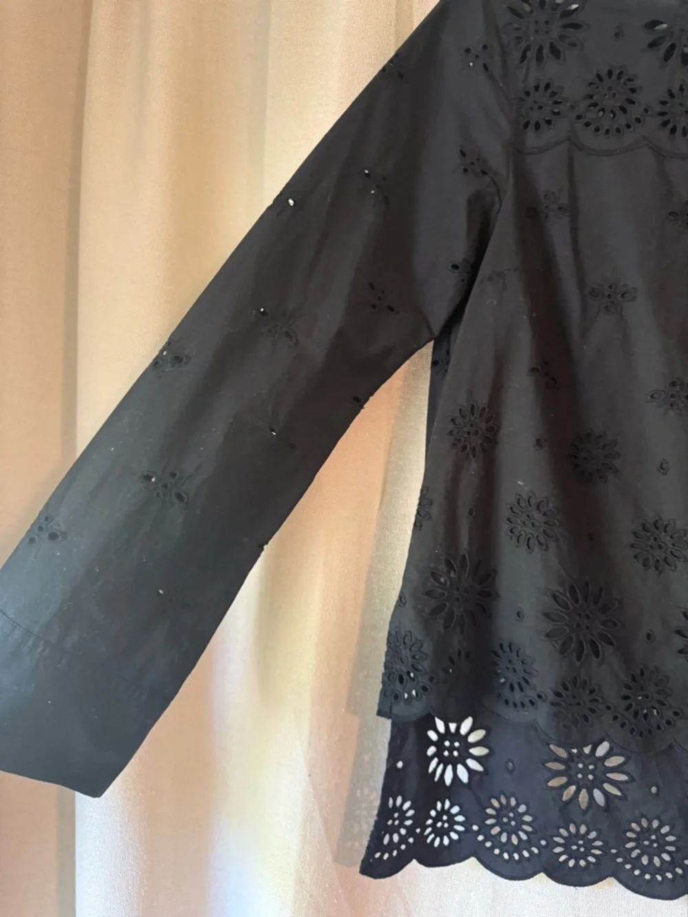 J. Crew Black Eyelet Scalloped Hem Long-Sleeve Blouse - Picture 2 of 5
